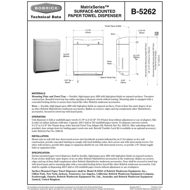Bobrick B-5262 Commercial Paper Towel Dispenser, Surface-Mounted, Plastic
