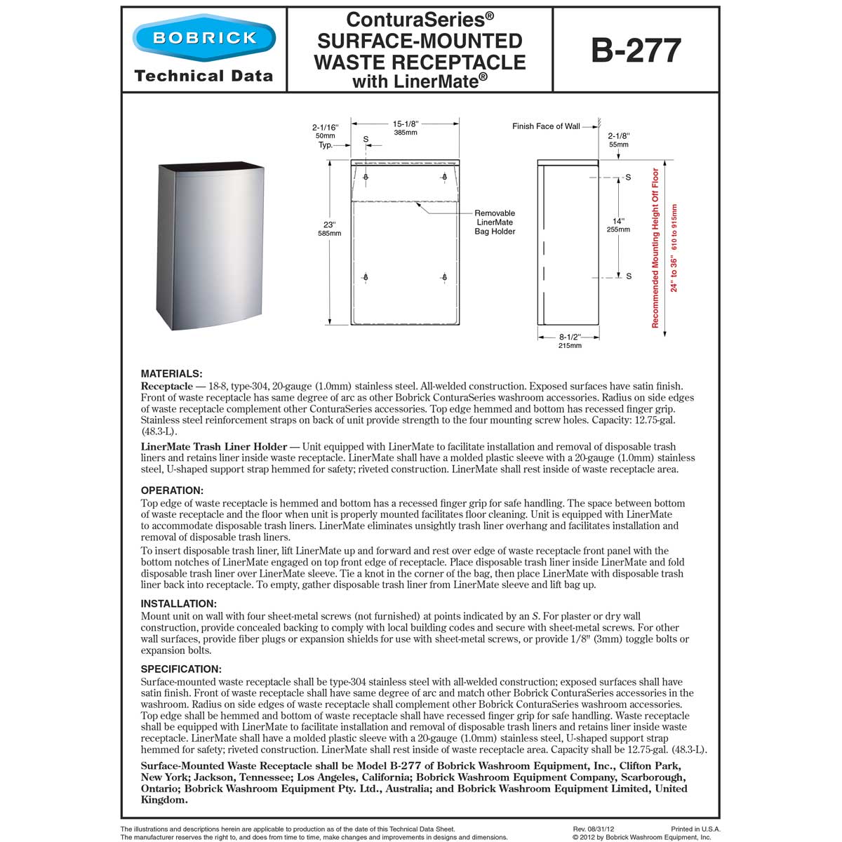 Bobrick B-277 Commercial Restroom Sanitary Waste Bin, 12 Gallon, Surface-Mounted, 15-1/8