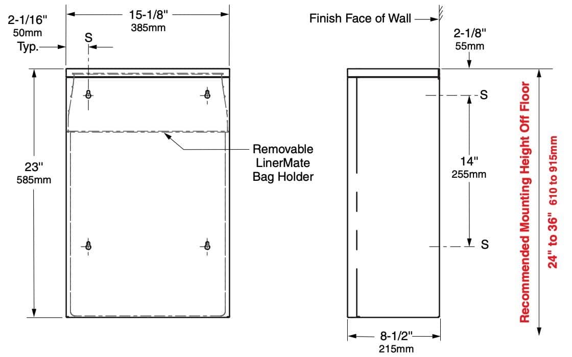 Bobrick B-277 Commercial Restroom Sanitary Waste Bin, 12 Gallon, Surface-Mounted, 15-1/8