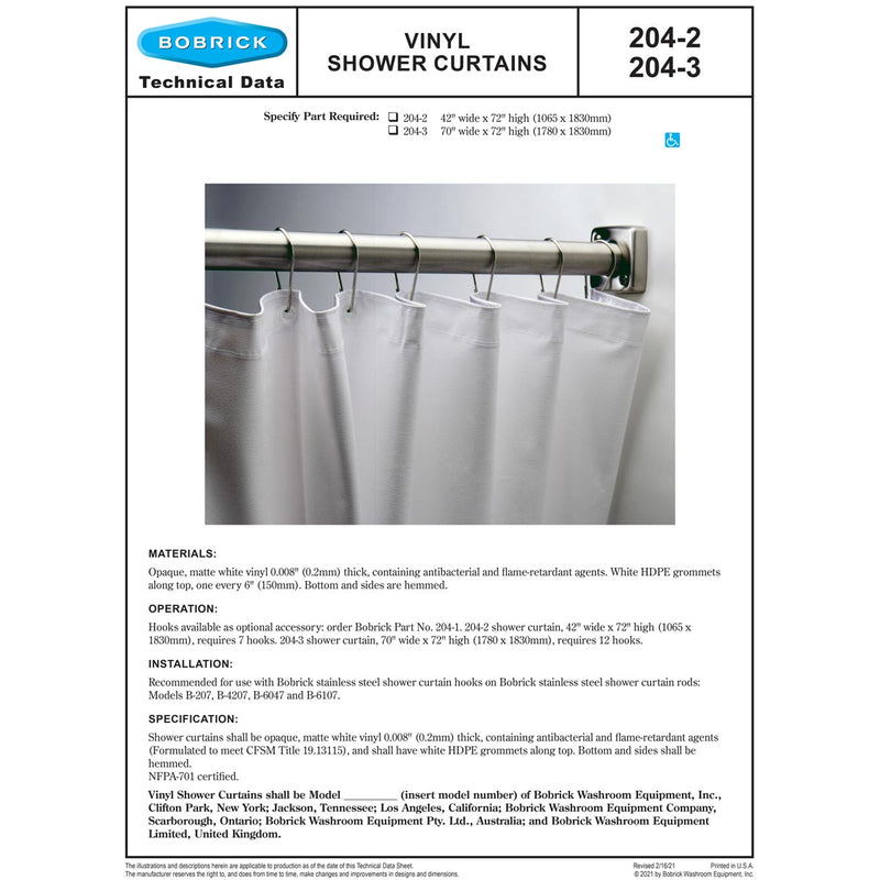 Bobrick B-204-2 Commercial Shower Curtain, 72" Length, Vinyl