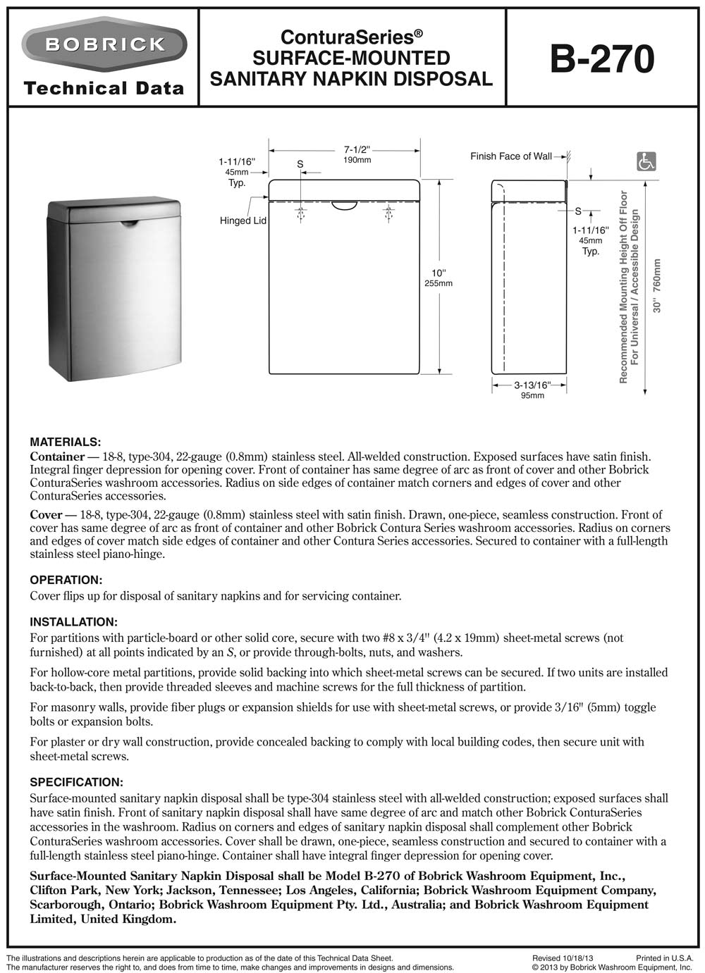 Bobrick B-270 Commercial Restroom Sanitary Napkin/Tampon Disposal, Surface-Mounted, Stainless Steel