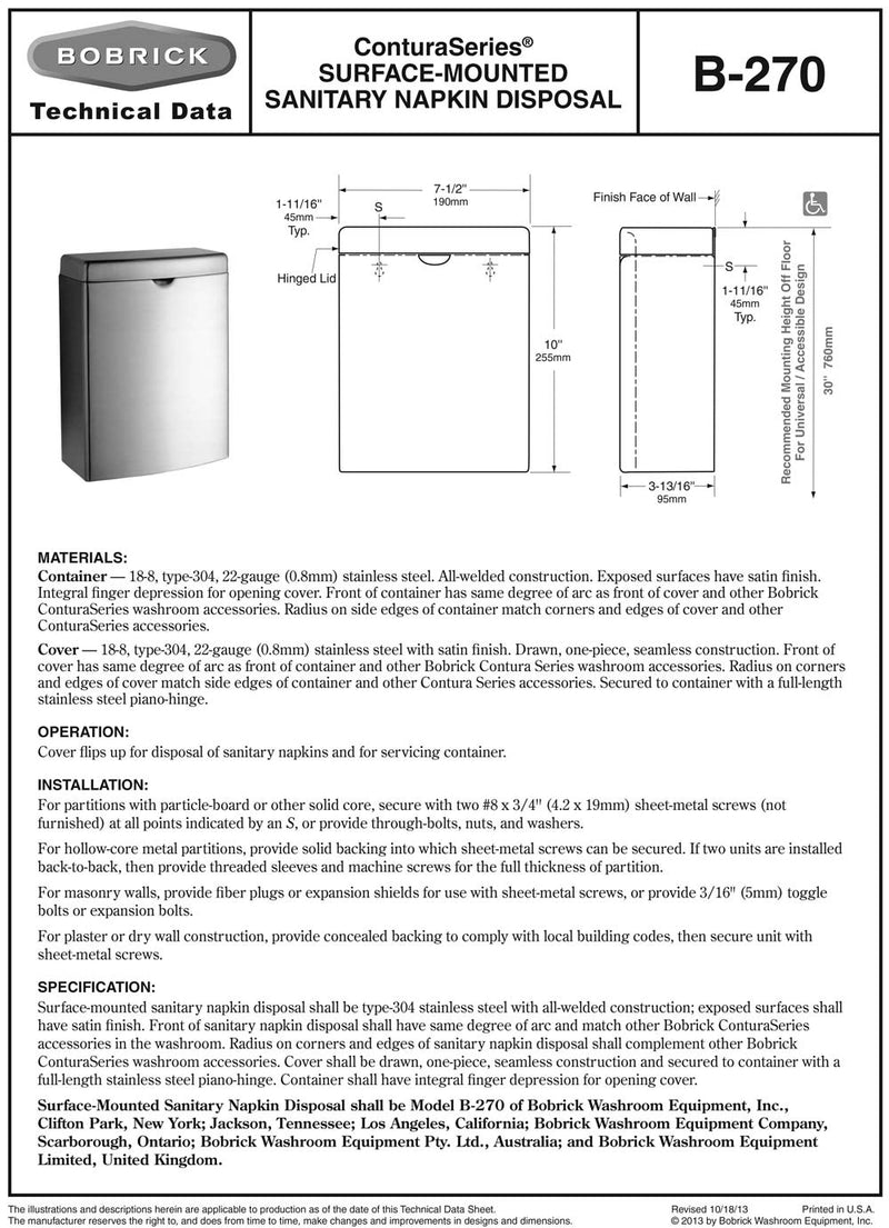 Bobrick B-270 Commercial Restroom Sanitary Napkin/Tampon Disposal, Surface-Mounted, Stainless Steel