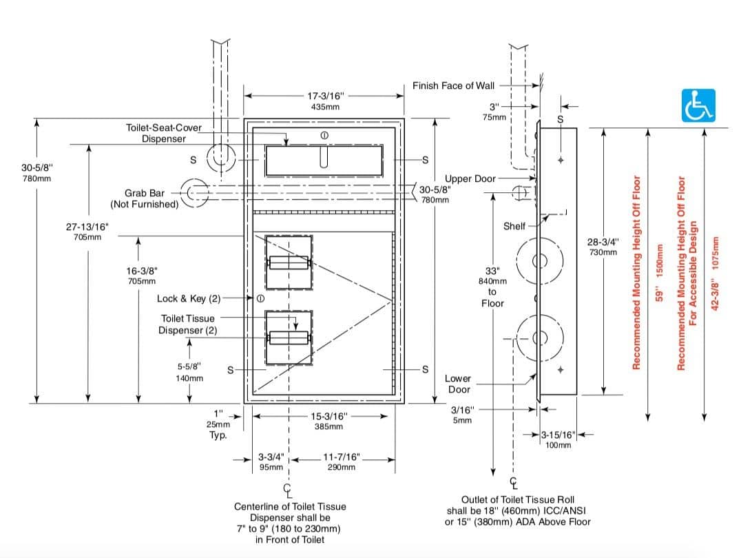 Bobrick B-34745 Combination Commercial Seat-Cover Dispenser and Toilet Paper Dispenser, Recessed-Mounted, Stainless Steel - TotalRestroom.com