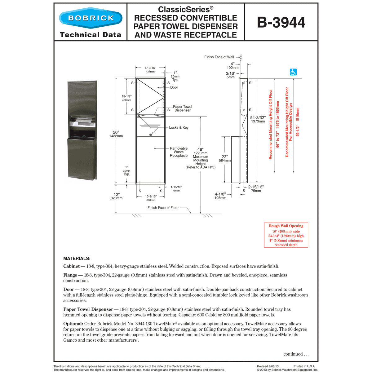 Bobrick B-3944 Combination Commercial Paper Towel Dispenser/Waste Receptacle, Recessed-Mounted, Stainless Steel