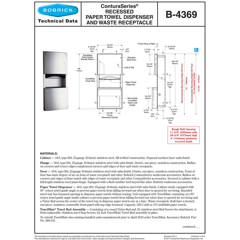 Bobrick B-4369 Combination Commercial Paper Towel Dispenser/Waste Receptacle, Recessed-Mounted, Stainless Steel