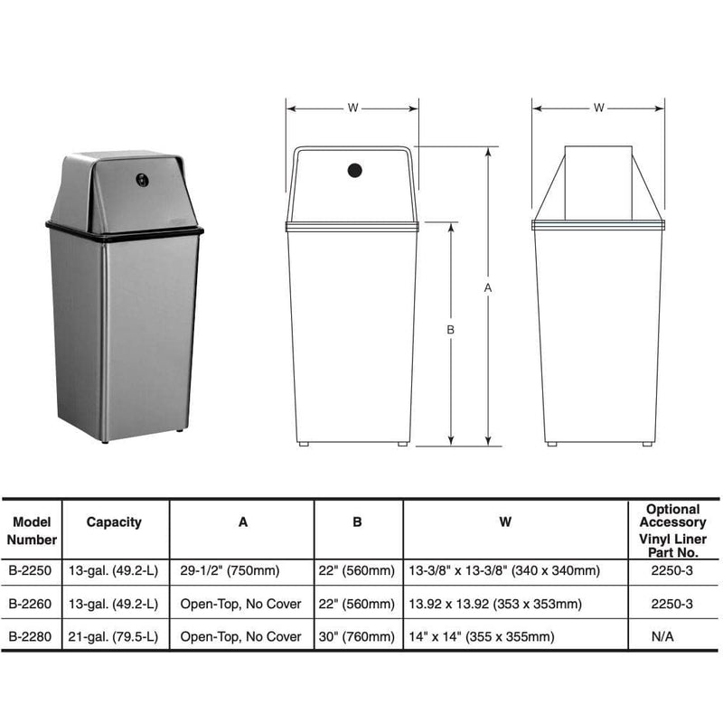 Bobrick B-2280 Commercial Restroom Sanitary Waste Bin, 21 Gallon, Free-Standing, 14" W x 22" H, 14" D, Stainless Steel - TotalRestroom.com