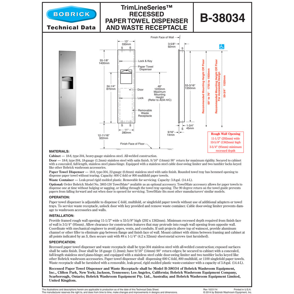Bobrick B-38034 Combination Commercial Paper Towel Dispenser/Waste