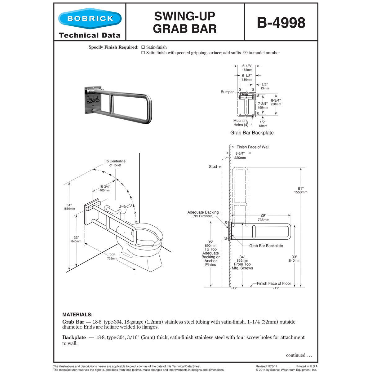 Bobrick B-4998.99 Commercial Grab Bar, 1-1/4" Diameter x 29" Length, Concealed-Mounted, Stainless Steel (Peened)