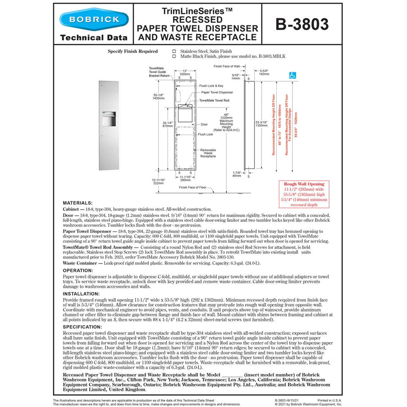 Bobrick B-3803 Combination Commercial Paper Towel Dispenser/Waste Receptacle, Recessed-Mounted, Stainless Steel