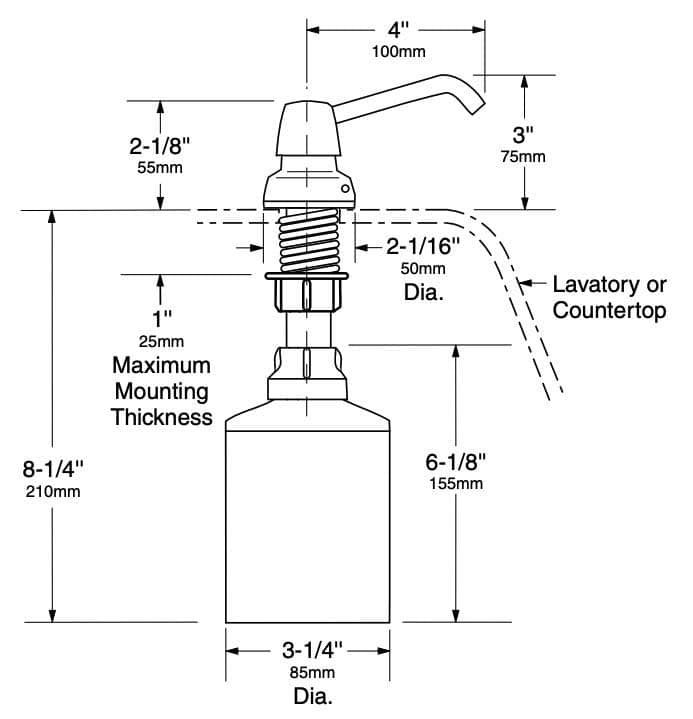 Bobrick B-8221 Commercial Liquid Soap Dispenser, Countertop Mounted, Manual-Push, Stainless Steel - 4" Spout Length - TotalRestroom.com