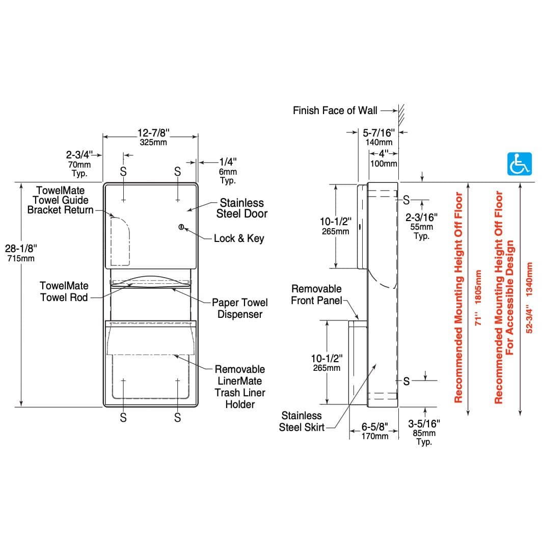 Bobrick B-43699 Combination Commercial Paper Towel Dispenser/Waste Receptacle, Surface-Mounted, Stainless Steel - TotalRestroom.com
