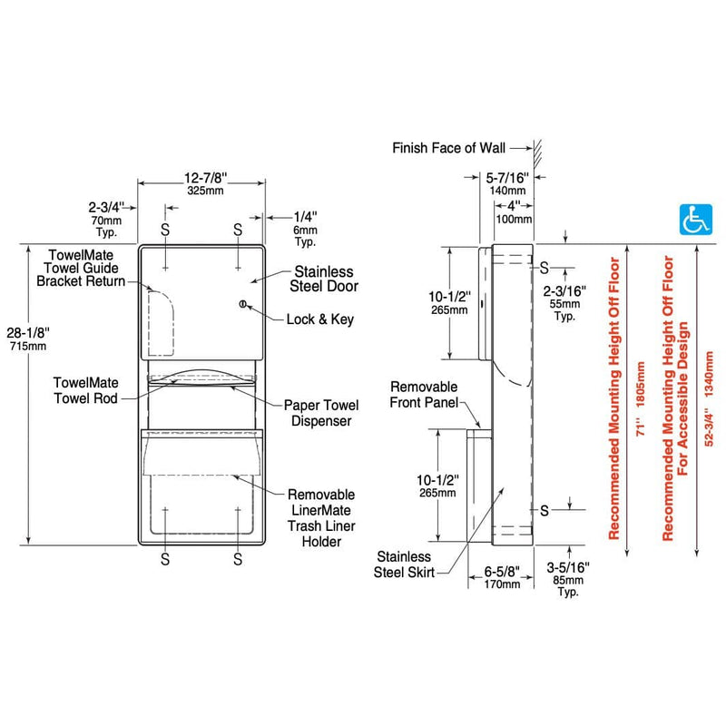 Bobrick B-43699 Combination Commercial Paper Towel Dispenser/Waste Receptacle, Surface-Mounted, Stainless Steel - TotalRestroom.com