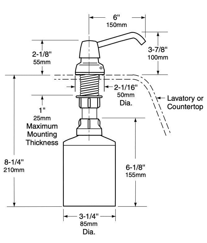 Bobrick B-82216 Commercial Liquid Soap Dispenser, Countertop Mounted, Push Button, Stainless Steel - 6