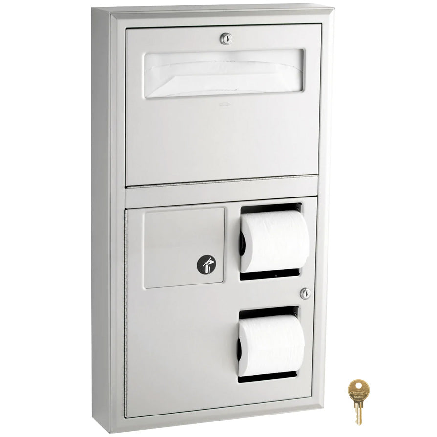 Bobrick B-3579 Combination Commercial Seat-Cover/Sanitary Napkin/Toilet Paper Dispenser, Left-Side, Surface-Mounted, Stainless Steel