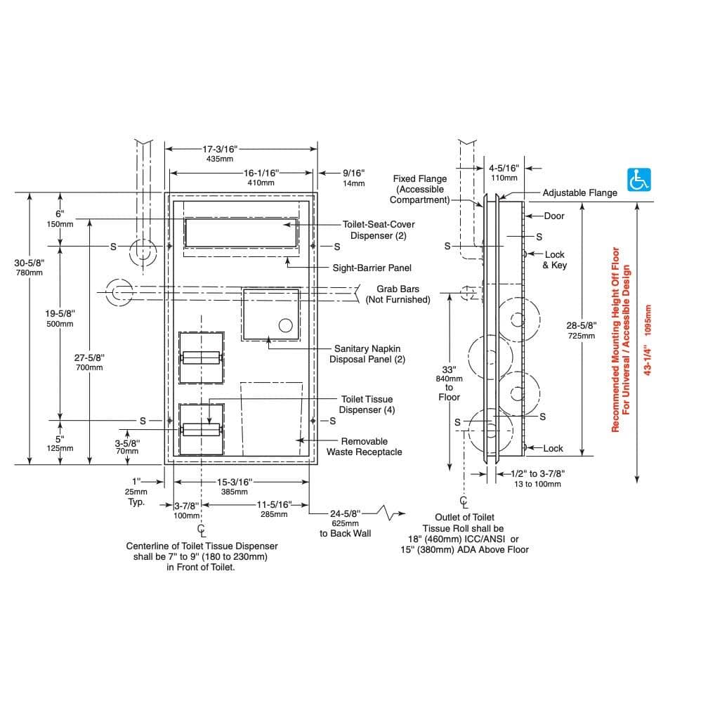 Bobrick B-3571 Combination Commercial Seat-Cover Dispenser/Toilet Paper Dispenser/Waste Receptacle, Partition-Mounted, Stainless Steel - TotalRestroom.com