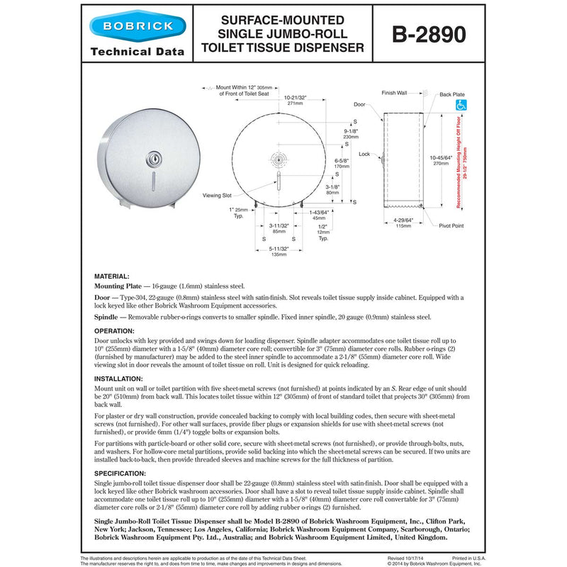 Bobrick B-2890 Commercial Toilet Paper Dispenser, Surface-Mounted, Stainless Steel w/ Satin Finish