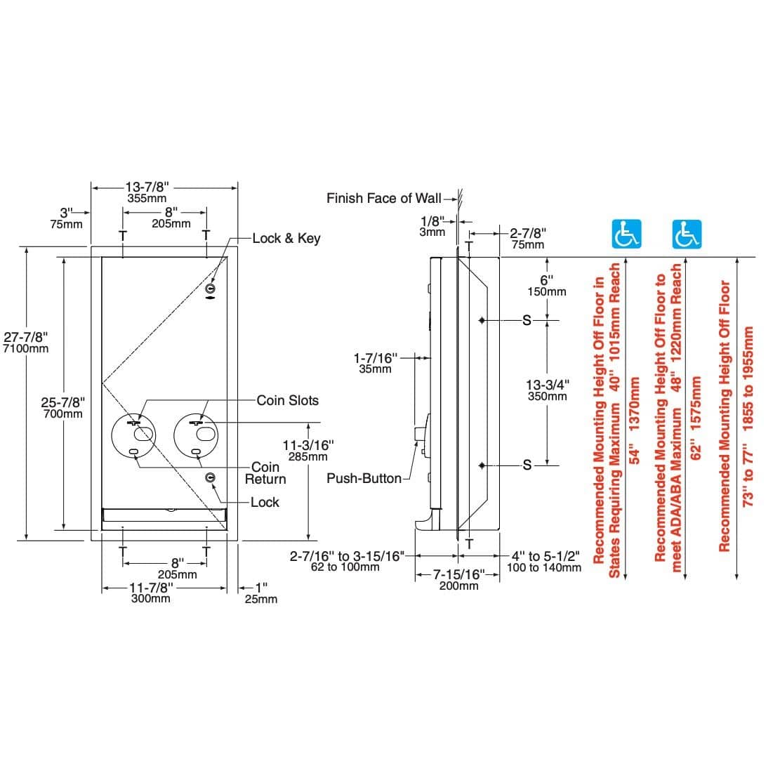 Bobrick B-3706C Commercial Restroom Sanitary Napkin/ Tampon Dispenser, Free-Operated, Semi Recessed/Recessed-Mounted, Stainless Steel - TotalRestroom.com