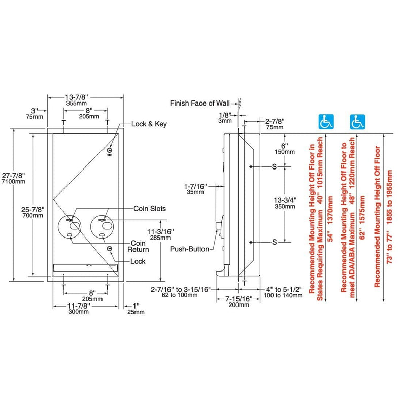 Bobrick B-3706C Commercial Restroom Sanitary Napkin/ Tampon Dispenser, Free-Operated, Semi Recessed/Recessed-Mounted, Stainless Steel - TotalRestroom.com