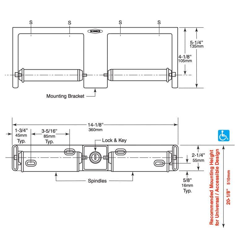 Bobrick B-27460 Commercial Double Roll Toilet Paper Dispenser, Surface-Mounted, Metal - TotalRestroom.com