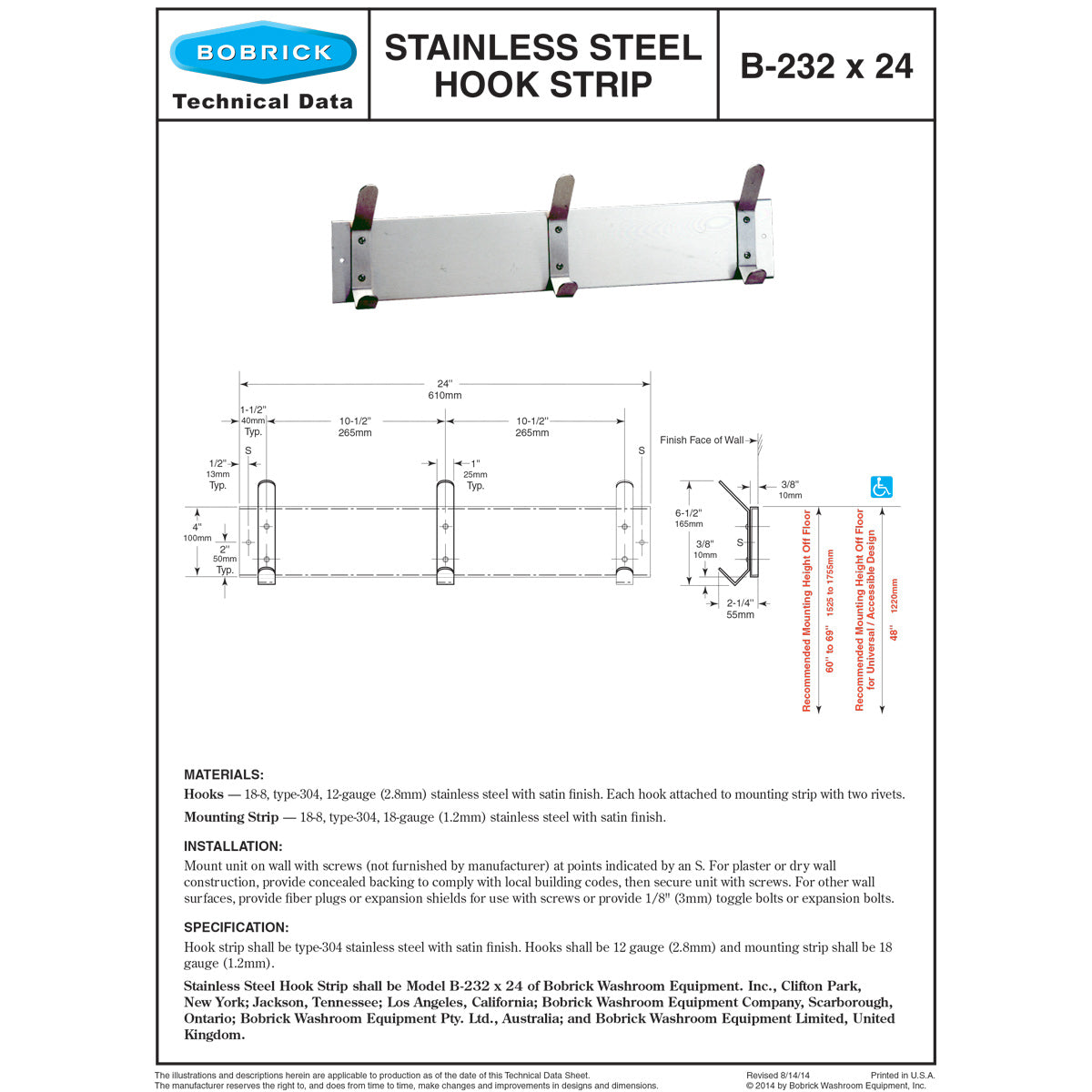 Bobrick B-232x24 Commercial Clothes Hook Strip, 24" W x 6-1/2" H x 2-1/4" D Stainless Steel