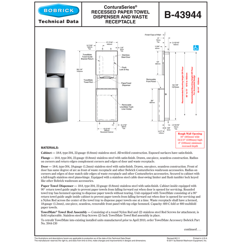 Bobrick B-43944 Combination Commercial Paper Towel Dispenser/Waste Receptacle, Recessed-Mounted, Stainless Steel