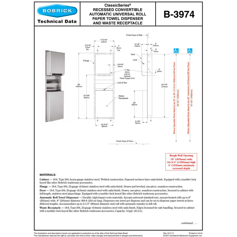 Bobrick B-3974 Automatic Combination Commercial Paper Towel Dispenser/Waste Receptacle, Recessed-Mounted, Stainless Steel