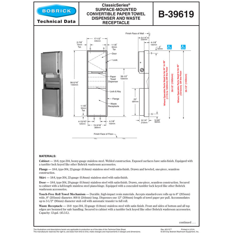 Bobrick B-39619 Combination Commercial Paper Towel Dispenser/Waste Receptacle, Surface-Mounted, Stainless Steel