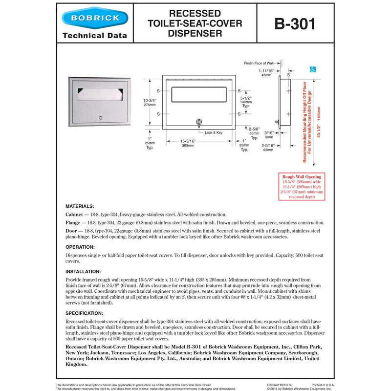 Bobrick B-301 Commercial Toilet Seat Cover Dispenser, Recessed-Mounted, Stainless Steel