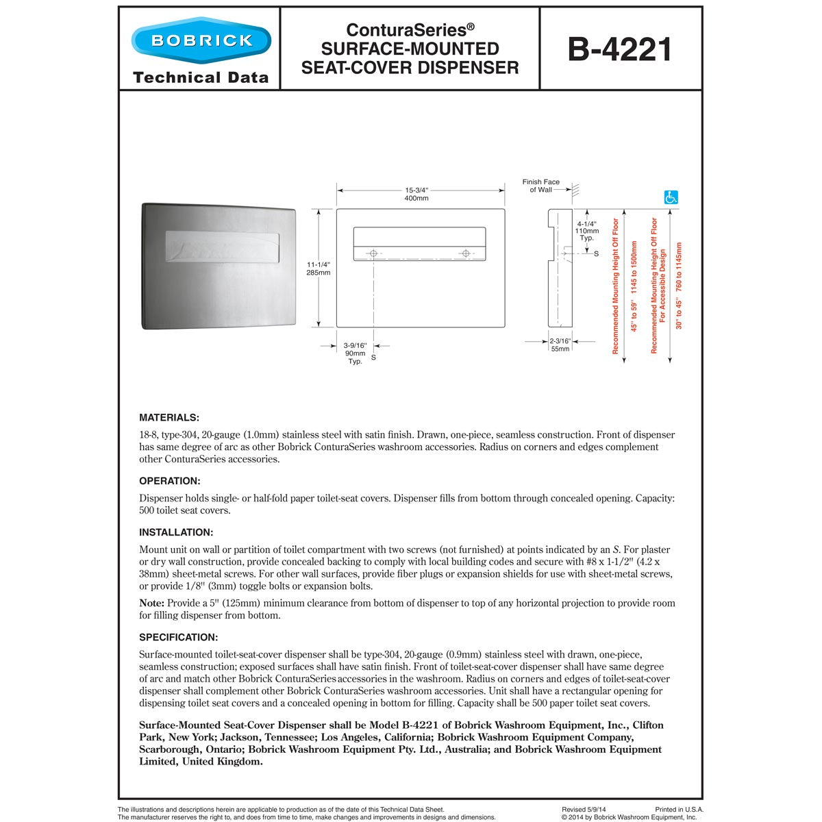 Bobrick B-4221 Commercial Toilet Seat Cover Dispenser, Surface-Mounted, Stainless Steel