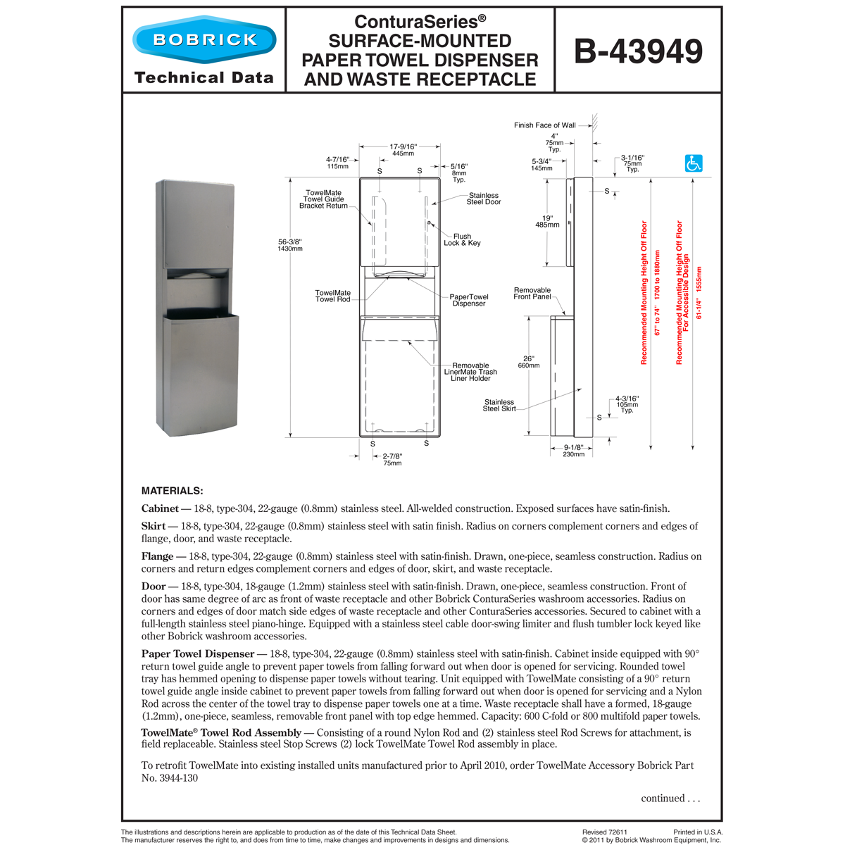 Bobrick B-43949 Combination Commercial Paper Towel Dispenser/Waste Receptacle, Surface-Mounted, Stainless Steel