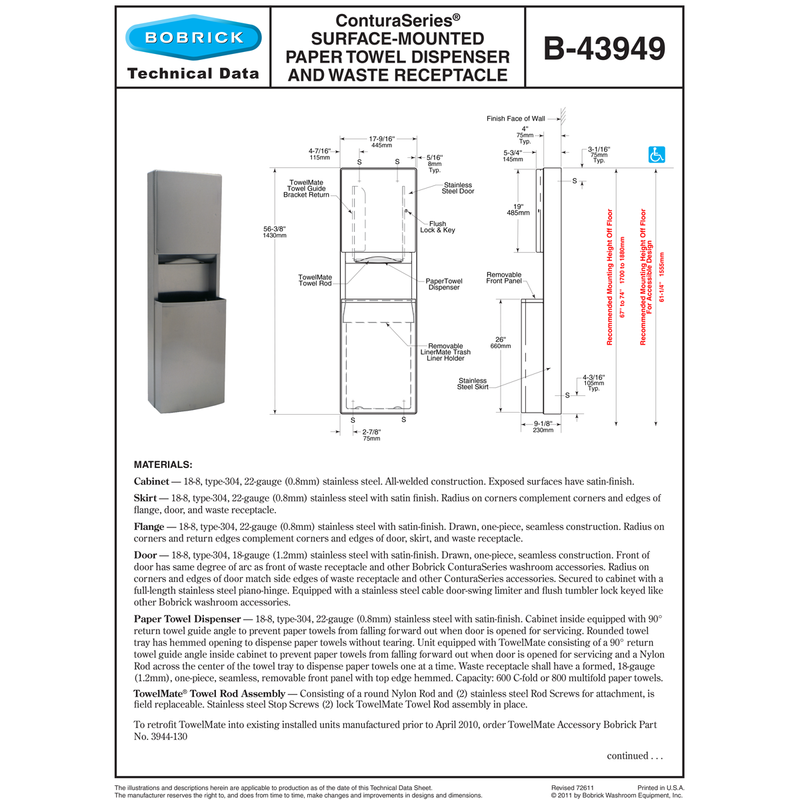 Bobrick B-43949 Combination Commercial Paper Towel Dispenser/Waste Receptacle, Surface-Mounted, Stainless Steel