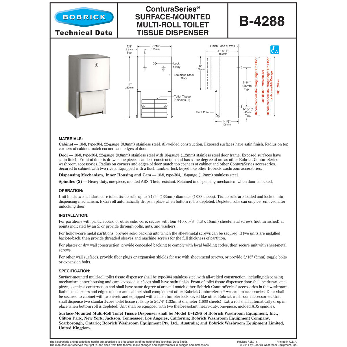 Bobrick B-4288 Commercial Toilet Paper Dispenser, Surface-Mounted, Stainless Steel w/ Satin Finish