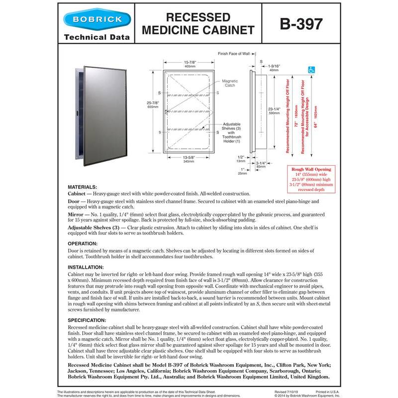 Bobrick B-397 Commercial Medicine Cabinet, Recessed-Mounted, Steel