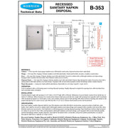 Bobrick B-353 Commercial Restroom Sanitary Napkin/Tampon Disposal, Recessed-Mounted, Stainless Steel