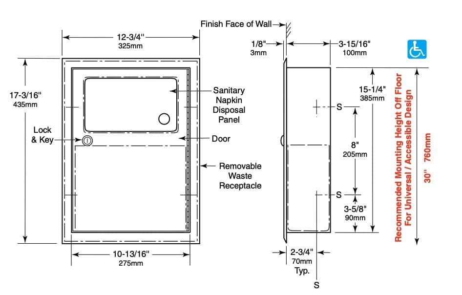 Bobrick B-353 Commercial Restroom Sanitary Napkin/Tampon Disposal, Recessed-Mounted, Stainless Steel - TotalRestroom.com