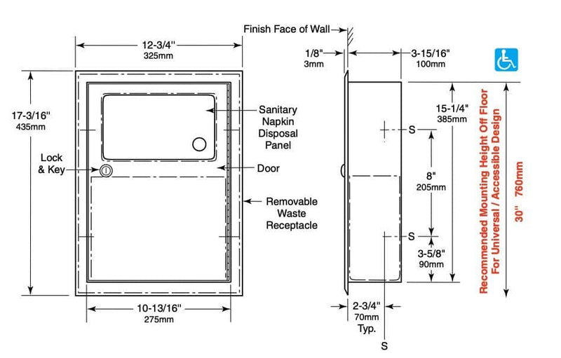 Bobrick B-353 Commercial Restroom Sanitary Napkin/Tampon Disposal ...