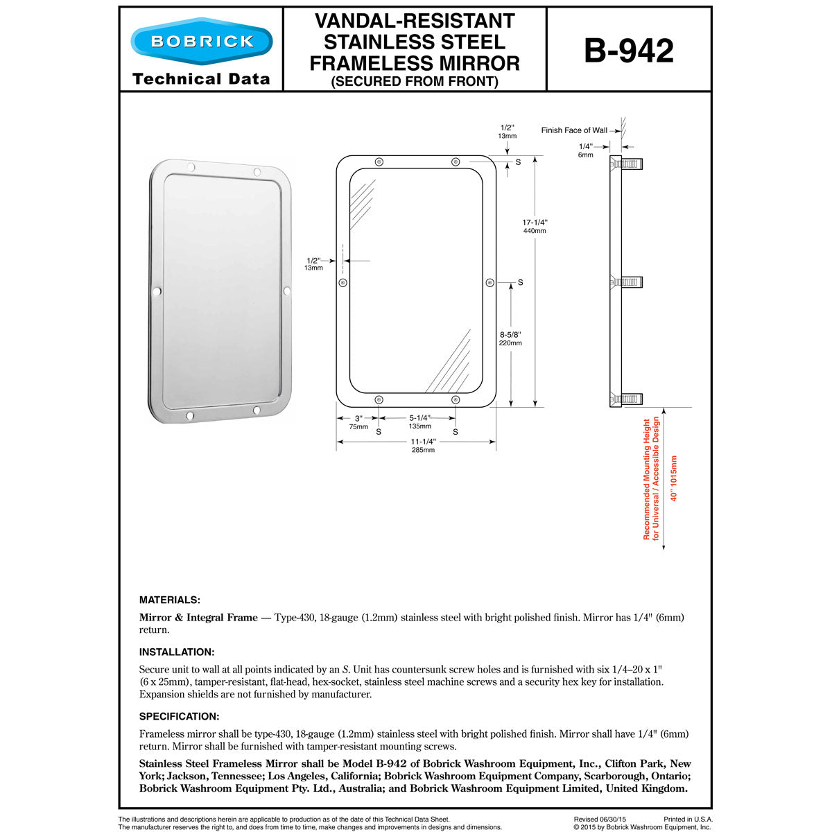 Bobrick B-942 (11.25  x 17.25) Commercial Vandal-Resistant Mirror, Frameless, 11-1/4" W x 17-1/4" H