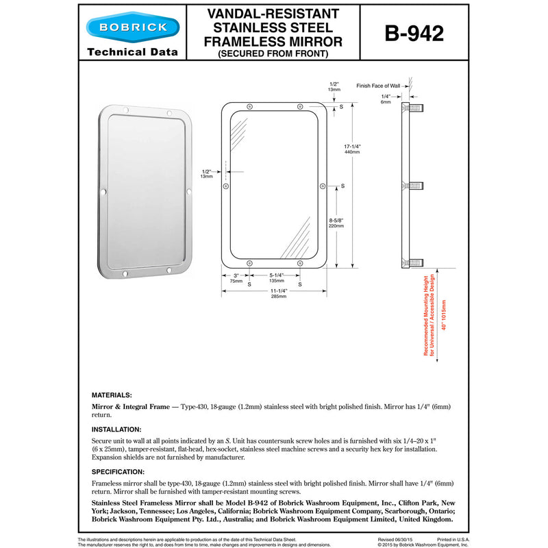 Bobrick B-942 (11.25  x 17.25) Commercial Vandal-Resistant Mirror, Frameless, 11-1/4" W x 17-1/4" H