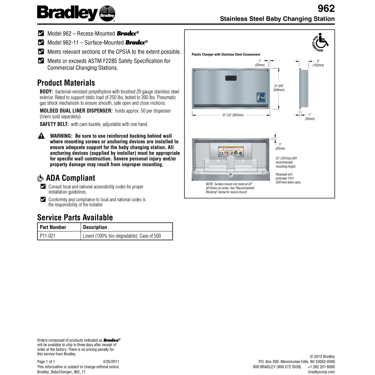 Bradley 962-00 Baby Changing Station (Recessed) Stainless Steel