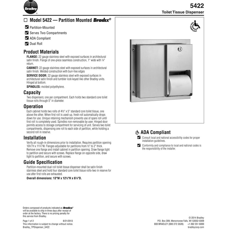 Bradley 5422-00 Commercial Toilet Paper Dispenser, Partition-Mounted, Stainless Steel