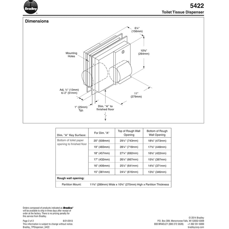 Bradley 5422-00 Commercial Toilet Paper Dispenser, Partition-Mounted, Stainless Steel