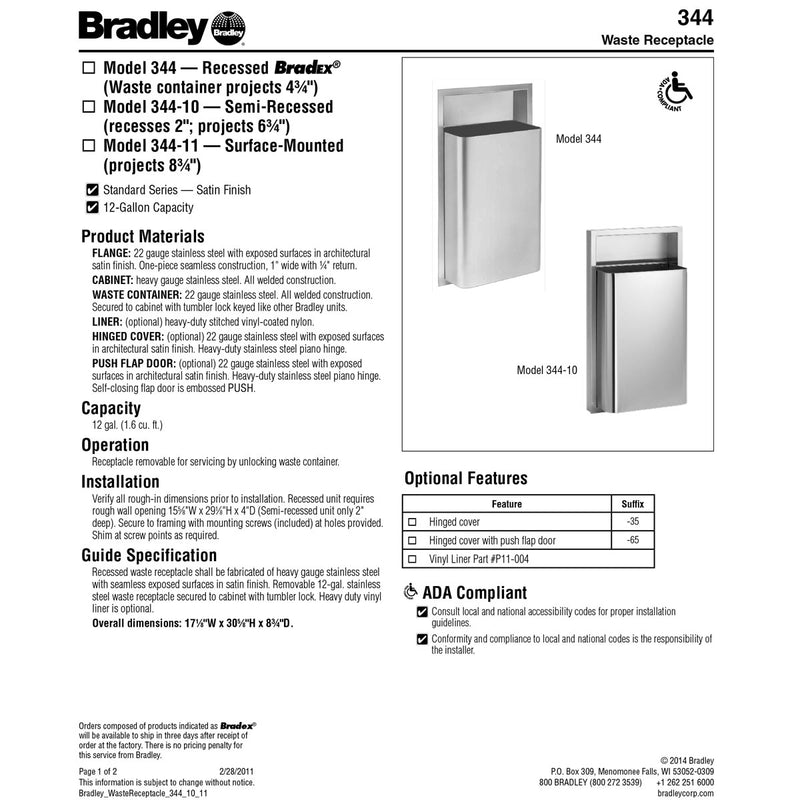 Bradley 344-00 Commercial Restroom Waste Receptacle, 12 Gallon, Recessed-Mounted, 15-5/8" W x 29-1/8" H, 4" D, Stainless Steel