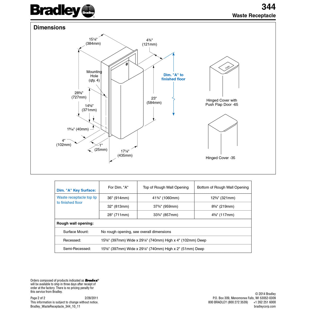 Bradley 344-00 Commercial Restroom Waste Receptacle, 12 Gallon, Recessed-Mounted, Stainless Steel