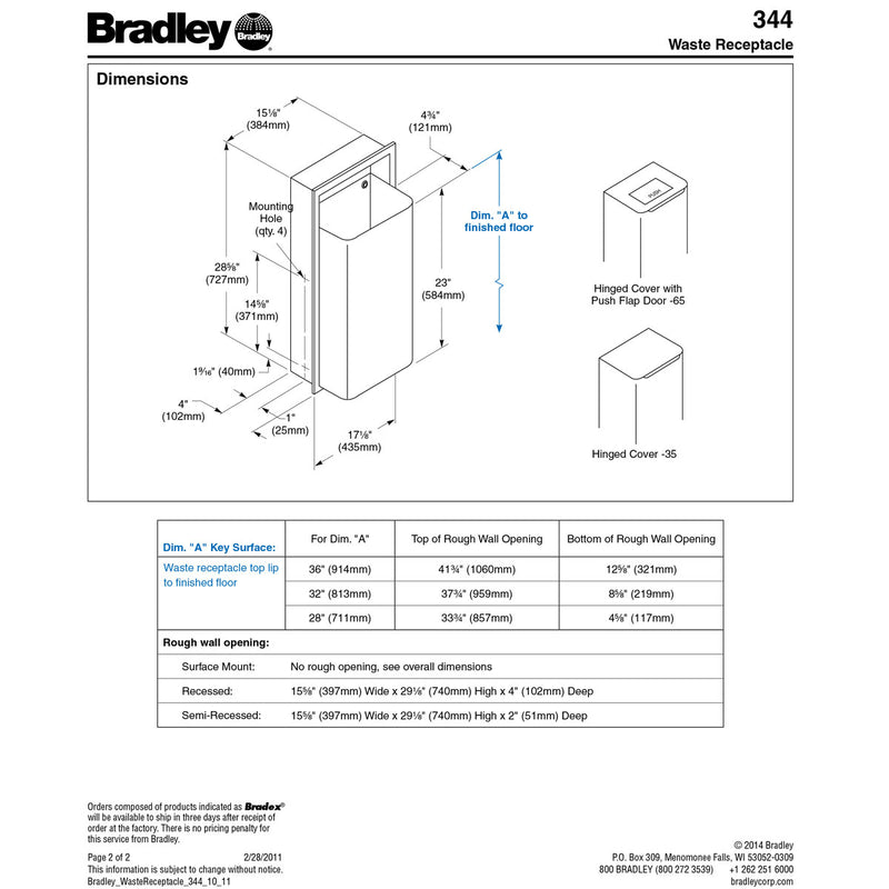 Bradley 344-00 Commercial Restroom Waste Receptacle, 12 Gallon, Recessed-Mounted, 15-5/8" W x 29-1/8" H, 4" D, Stainless Steel