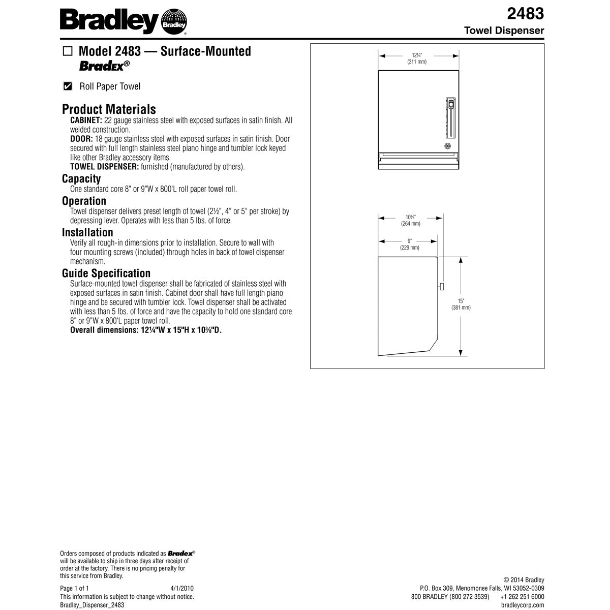 Bradley Towel Dispenser 2483-00 Commercial BX-Paper Towel Dispenser, Surface-Mounted, Stainless Steel