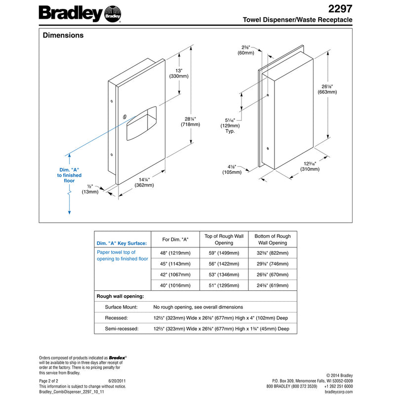 Bradley 2297-00 Combination Towel Dispenser/Waste Receptacle, Recessed-Mounted, Stainless Steel