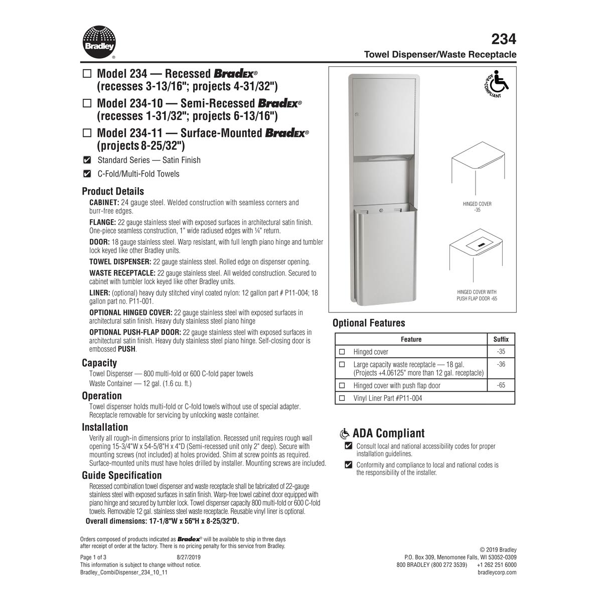 Bradley 234-00 Combination Towel Dispenser/Waste Receptacle, Recessed-Mounted, Stainless Steel