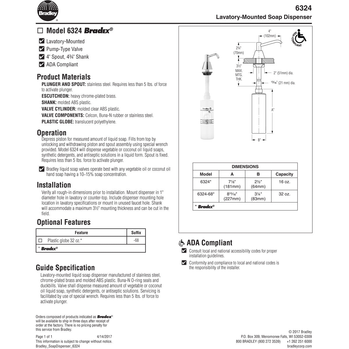 Bradley 6324-00 Commercial Liquid Soap Dispenser, Countertop Mounted, Manual-Push, Stainless Steel - 4