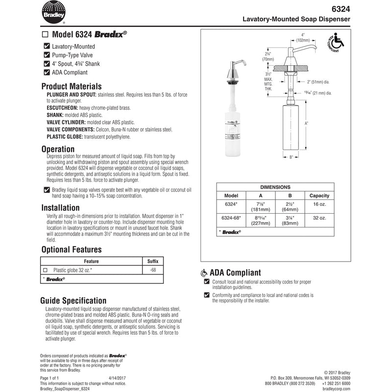 Bradley 6324-00 Commercial Liquid Soap Dispenser, Countertop Mounted, Manual-Push, Stainless Steel - 4" Spout Length