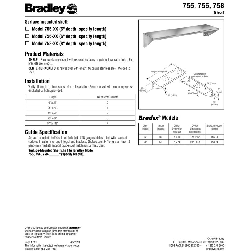Bradley 755-012000 Commercial Restroom Shelf, 5" D x 12" L, Surface-Mounted, Stainless Steel